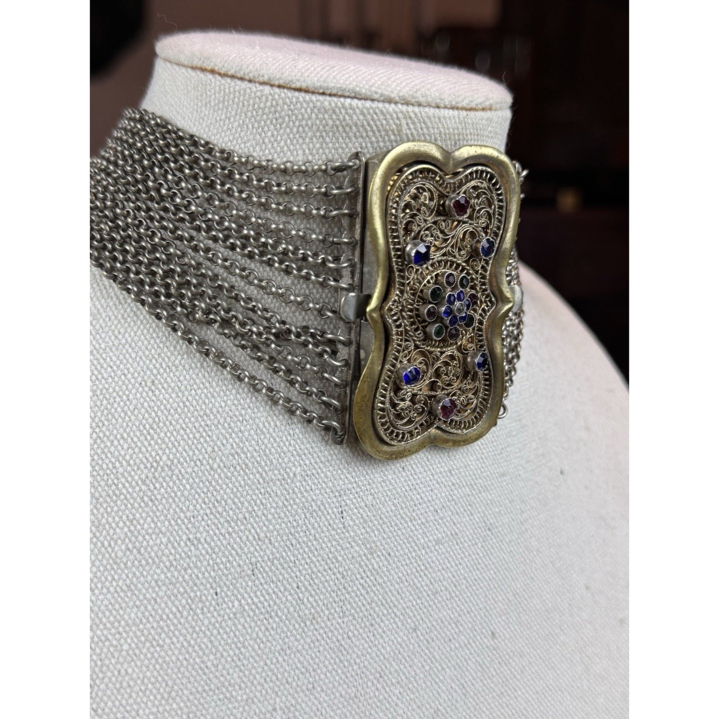 Vintage Trachten Choker Necklace 12 Strand Rhinestone Filigree Brass 13”