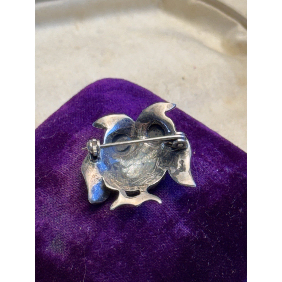 Owl Brooch Sterling Silver Marcasite Black Onyx Eyes Detailed Bird Pin 1”