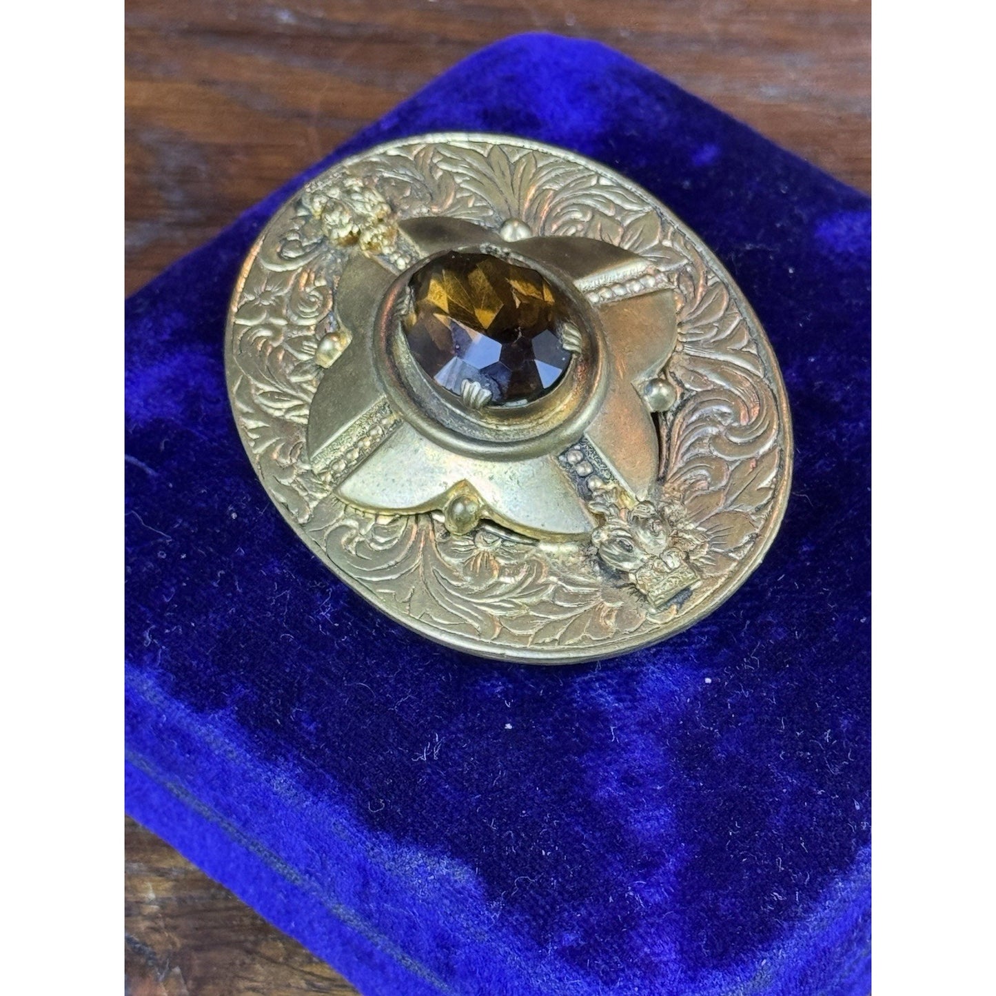 Vintage Brooch Brass Brown Glass Victorian Revival Ornate Oval 2.25”