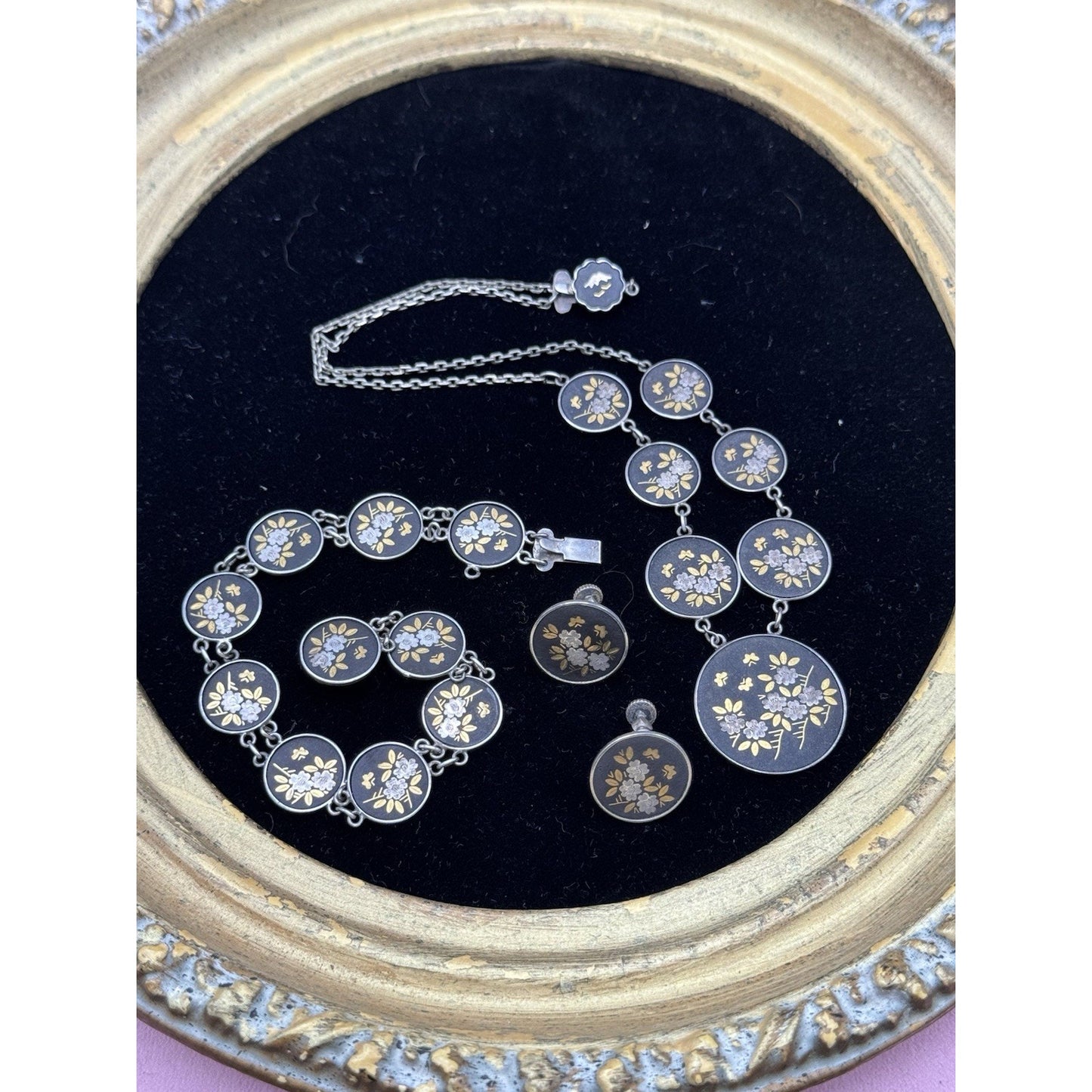 Japanese Damascene Necklace Set Silver Bracelet Earrings Floral Vintage