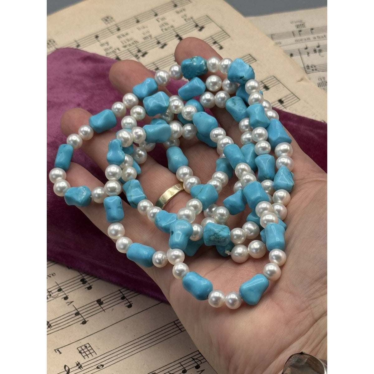 Cultured Pearl Blue/Green Stone Long Necklace 41” ESTATE FIND