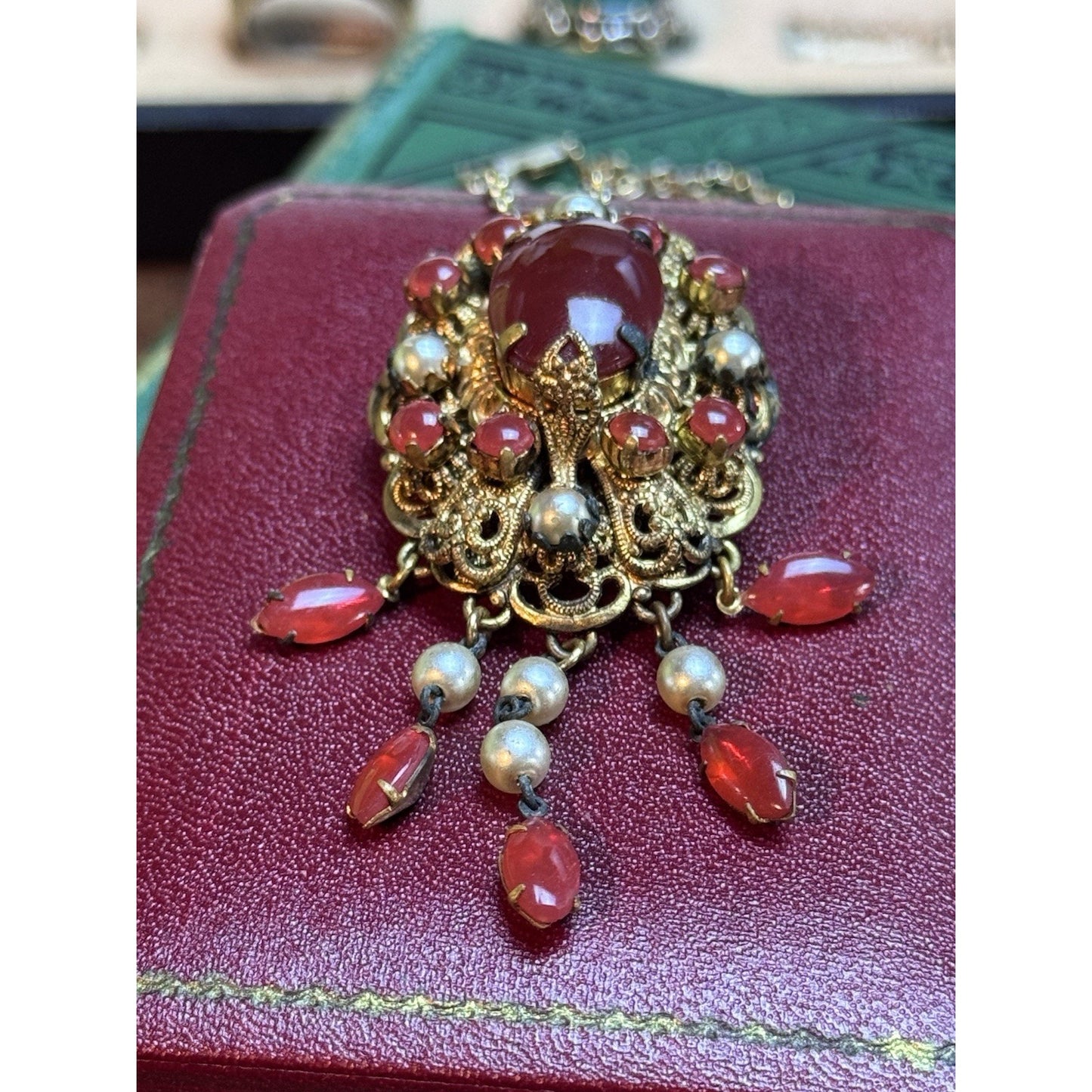 Vintage Filigree Brooch Pendant Necklace Red Art Glass Faux Pearl Dangle 27.5”