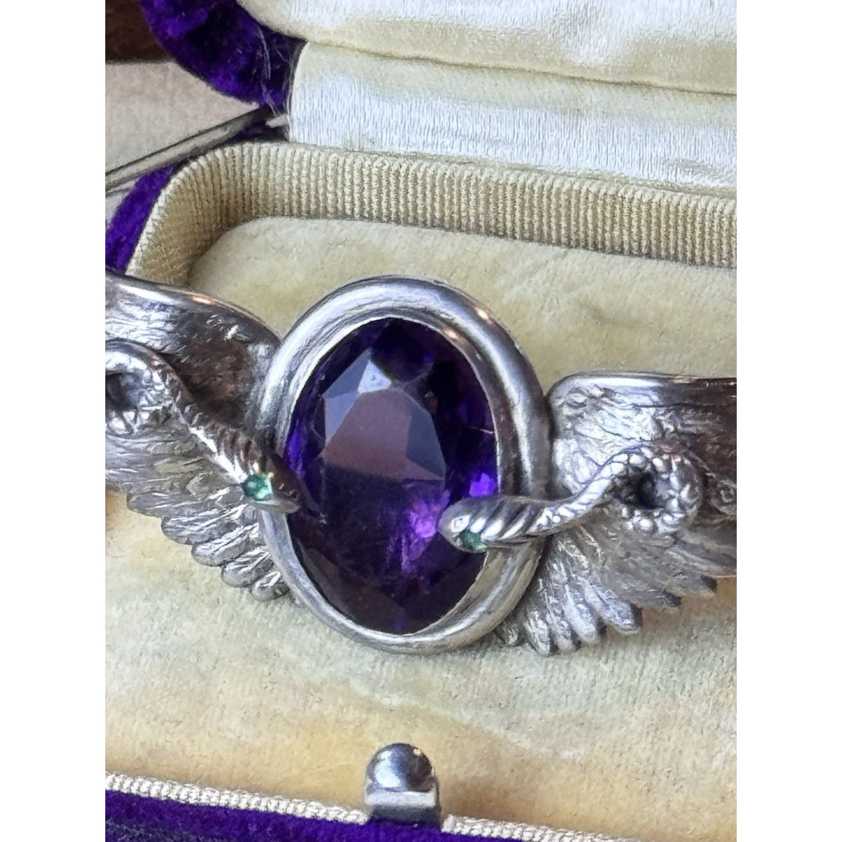 Sterling Isis Brooch Egyptian Revival Purple & Green Stones 3” x .75”