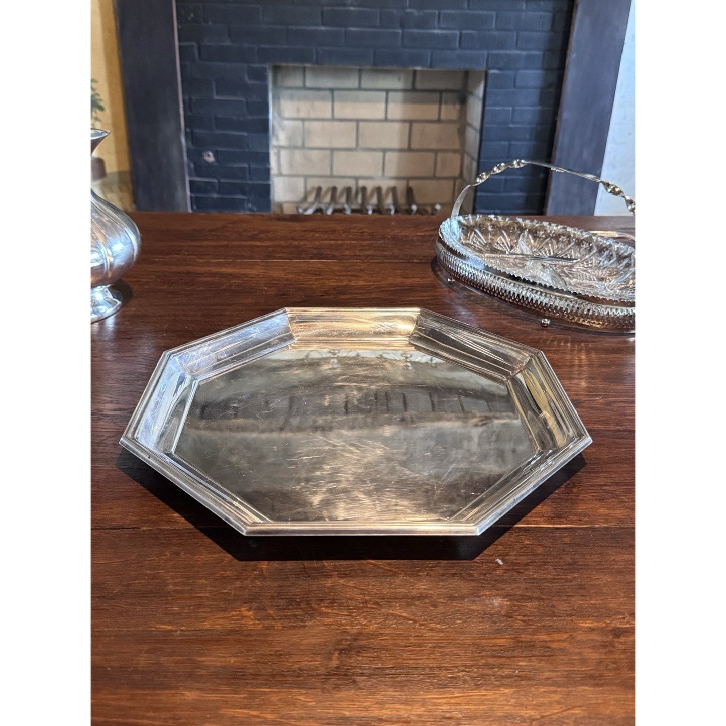 Silverplate Octagonal Serving Tray Butler Tray 13.5” Vintage Tea Coffee Tray