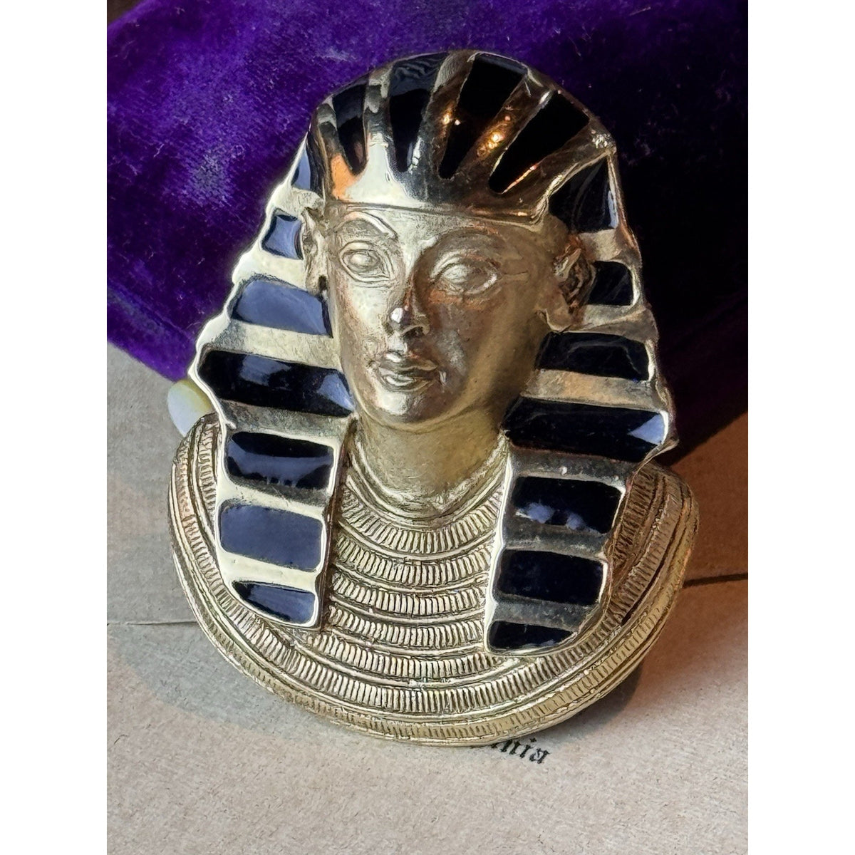 Pharaoh Tutankhamen Brooch Pendant E Pearl Egyptian Revival Black Enamel 2”