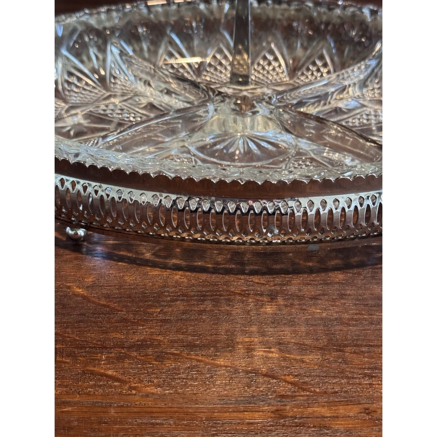 Vintage Silverplate Relish Tray Cut Glass Divided Dish Pickle Castor w Forks