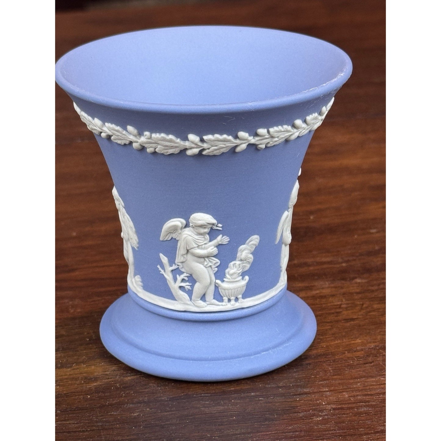 Vintage Wedgwood Blue Jasperware Small Vase Cherubs Putti Classical 3.5”