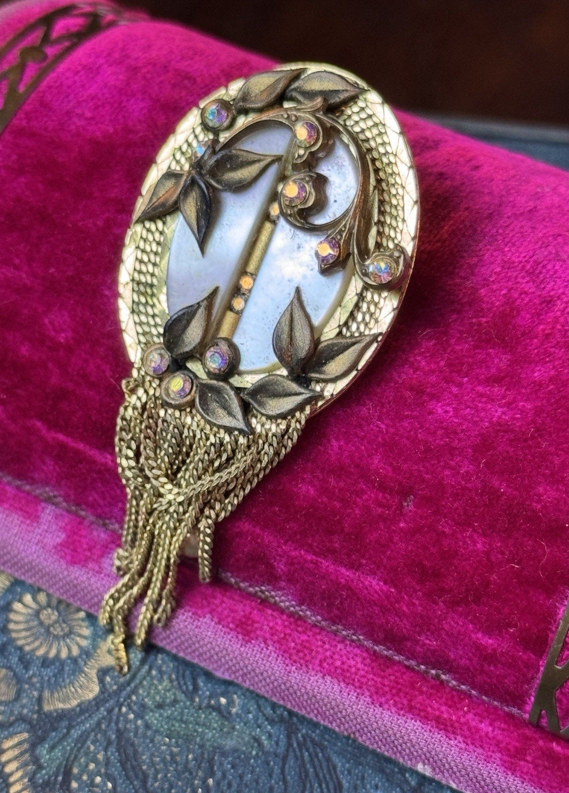 MARENA Brooch Pendant Goldtone Tassel Rhinestone Handmade Germany Vintage 2.75”