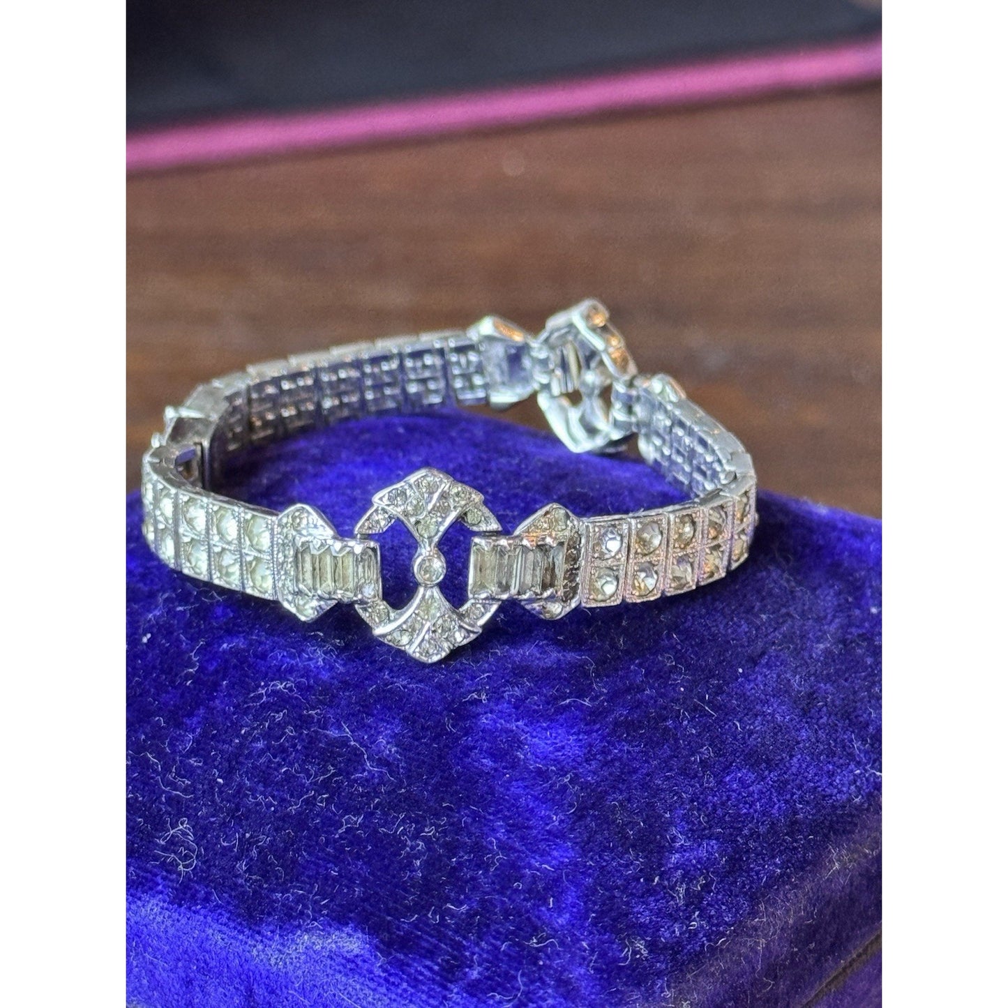 Antique Tennis Bracelet 1920s Sterling Silver Art Deco Rhinestone Patented 6”