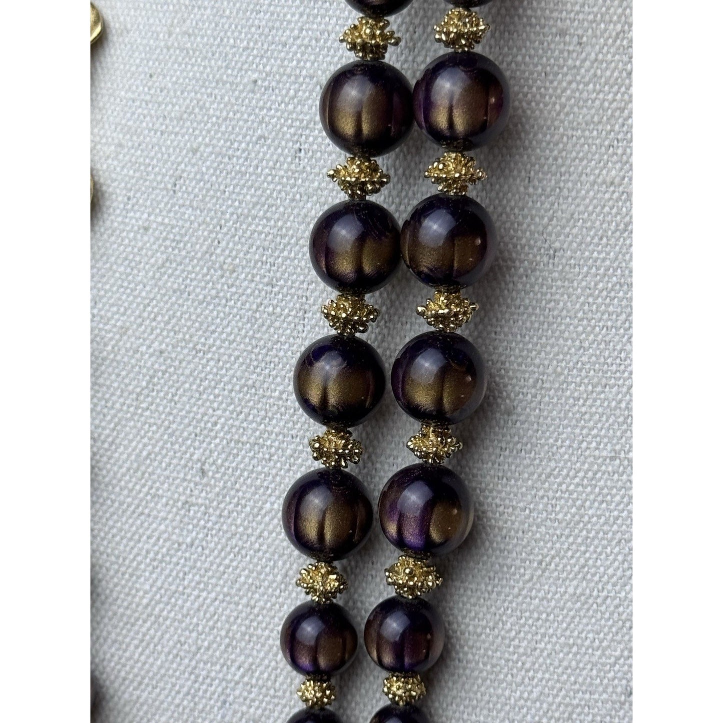 Vintage Crown Trifari Aubergine Beaded Necklace Bracelet Set Goldtone 27”