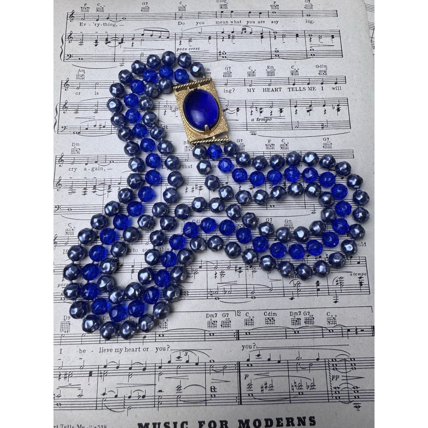 Vintage Blue Lucite Beaded Necklace Goldtone 3 Strand Statement 20”