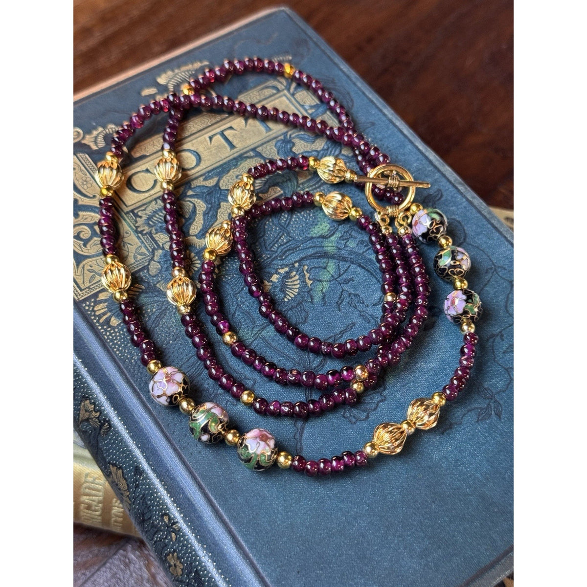 Garnet Double Strand Necklace 19” Floral Cloisonné Goldtone Beads Newly Restrung