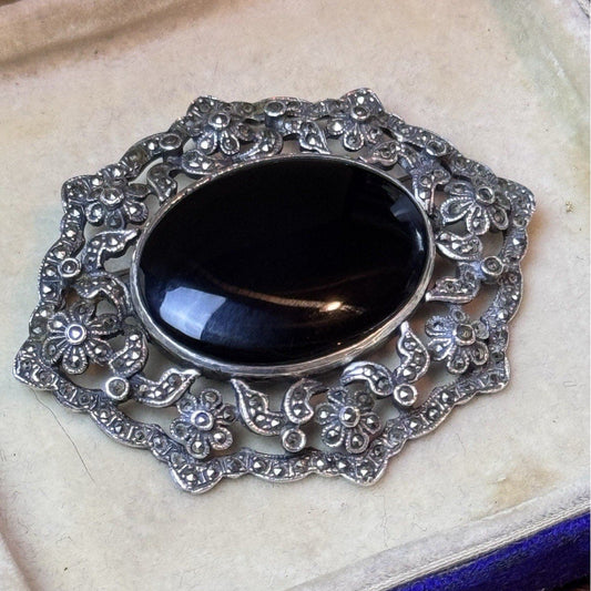Vintage Sterling Silver Black Onyx Marcasite Brooch Floral Openwork 2.25”