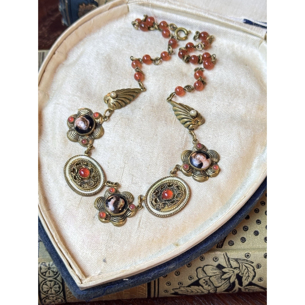 Victorian Revival Brass Necklace Portrait Links Coral Orange Glass Beads 16”