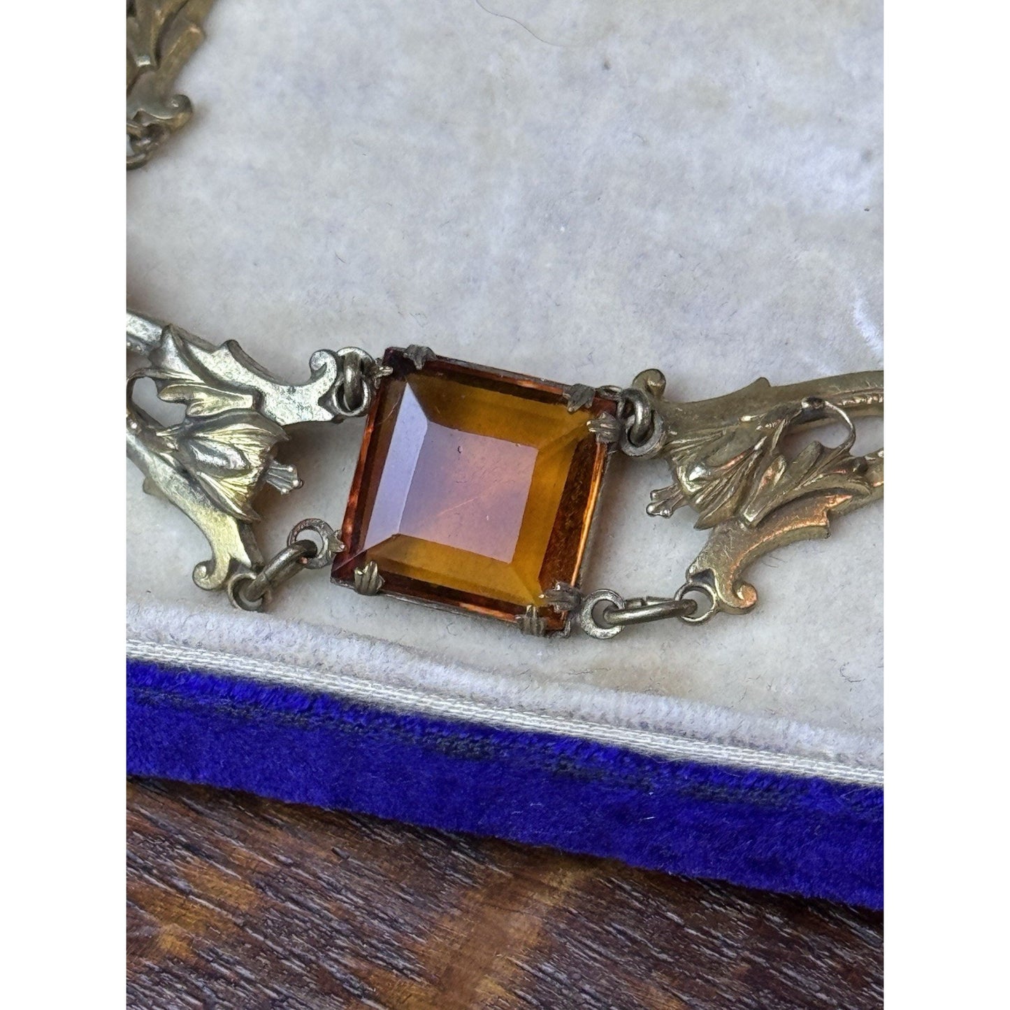 Antique Czech Bracelet Ambertone Paste Art Nouveau Goldtone Floral Links 7.25”