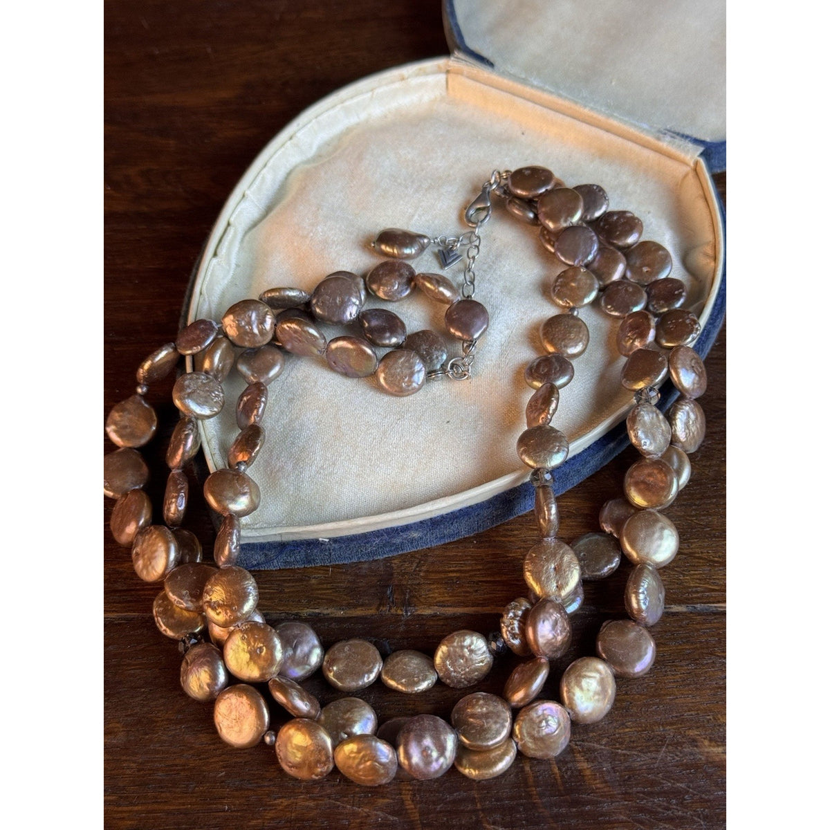 Silpada Bronze Coin Pearl Necklace 3 Strand Sterling Silver 11mm Extender 18”