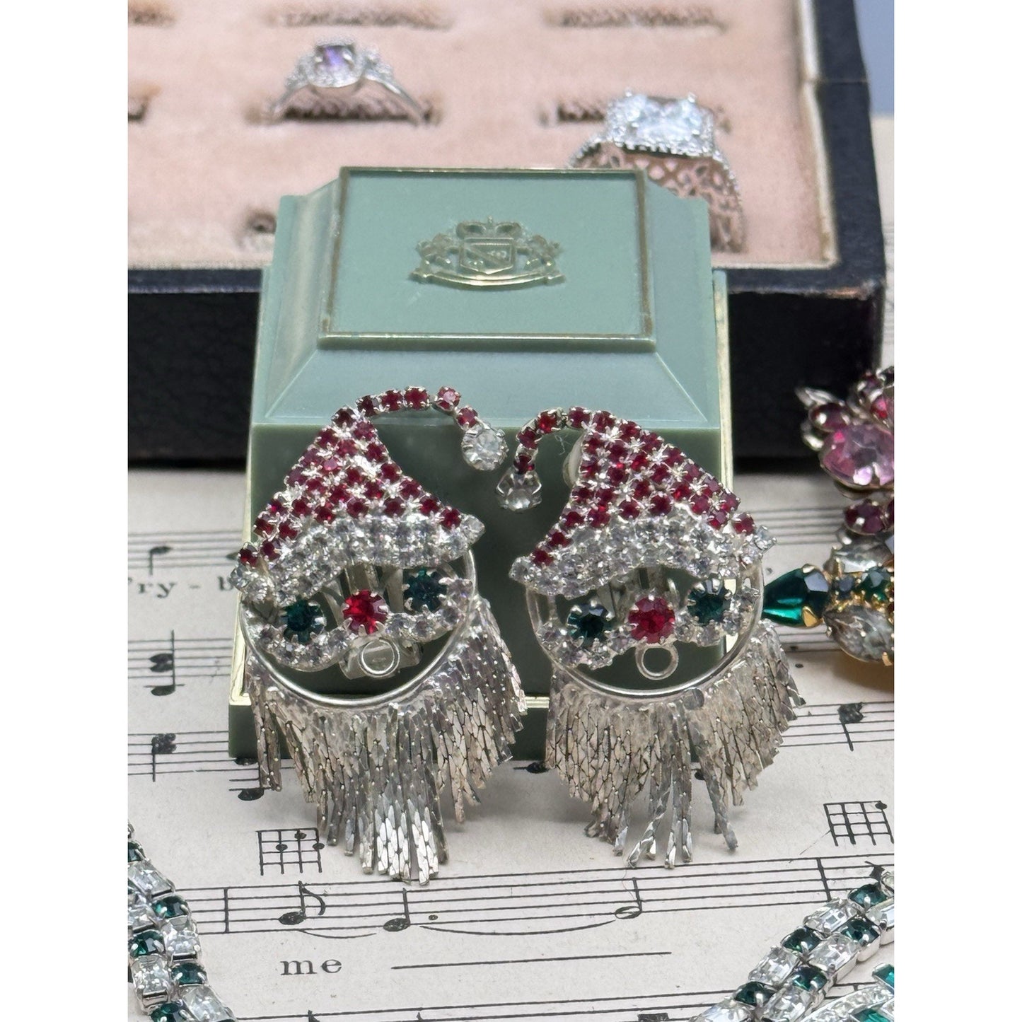 Vintage Santa Clip On Earrings Red Green Clear Rhinestone Fringe Beard