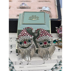 Vintage Santa Clip On Earrings Red Green Clear Rhinestone Fringe Beard