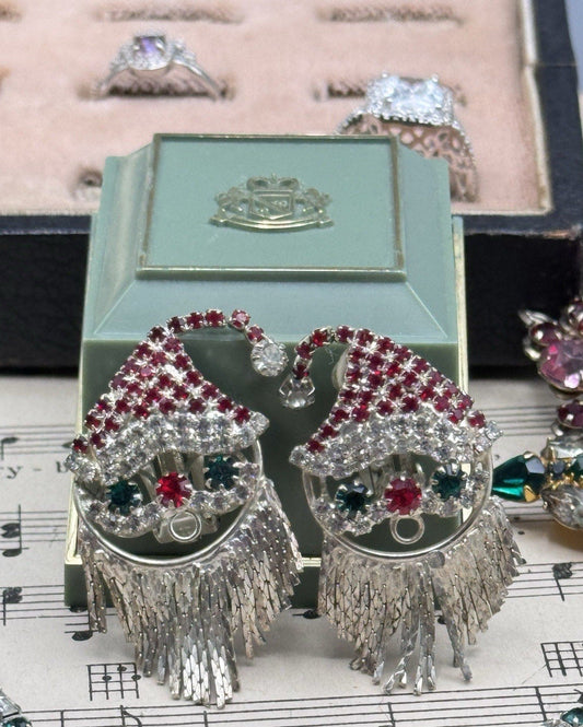 Vintage Santa Clip On Earrings Red Green Clear Rhinestone Fringe Beard