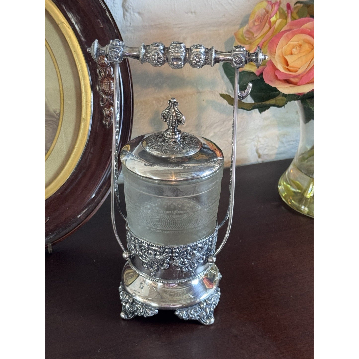 Antique Pickle Castor Forbes Silver Co Quadruple Plate Glass Jar & Tongs