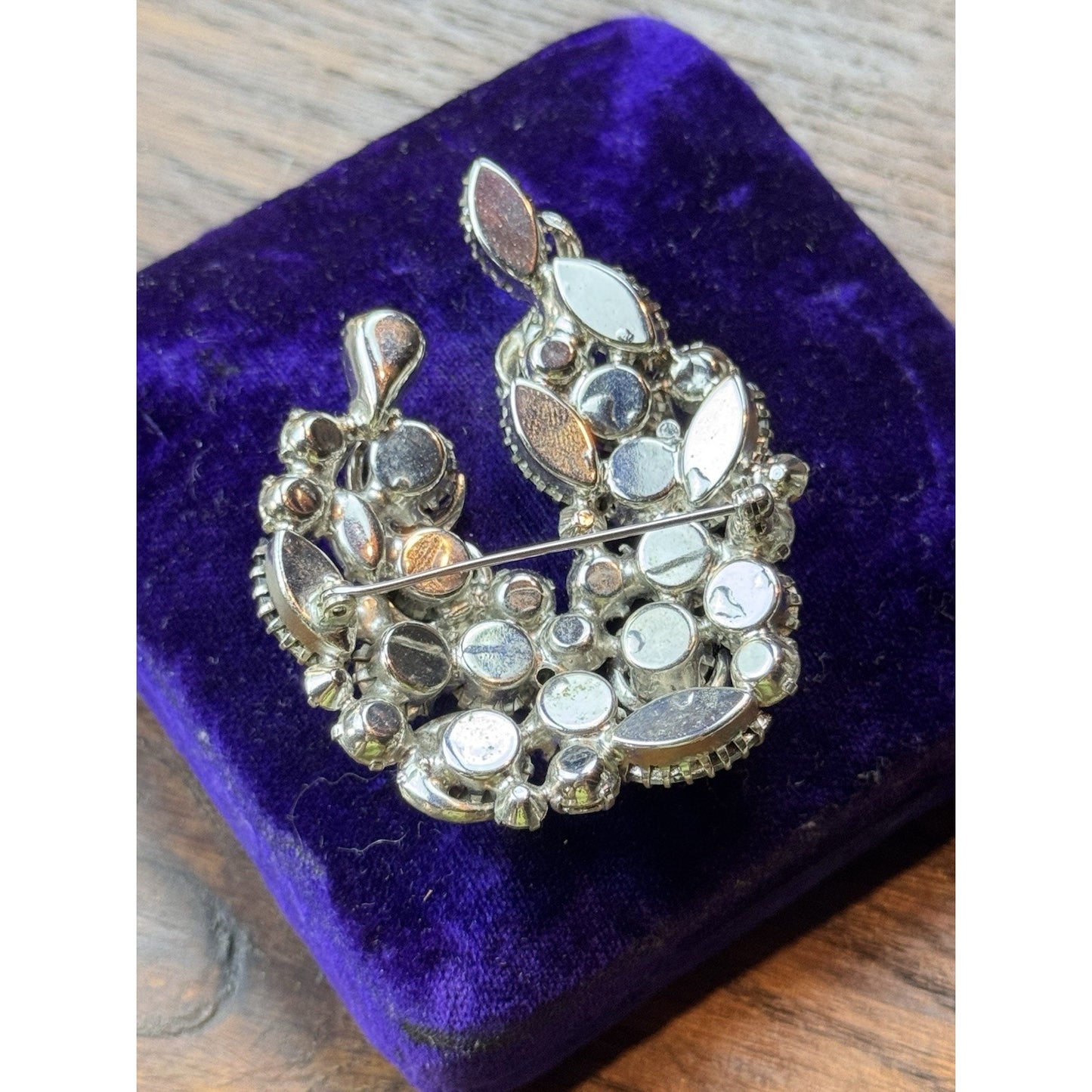 Vintage Rhinestone Brooch 2.5” Smoky Gray Aurora Borealis Crescent Statement