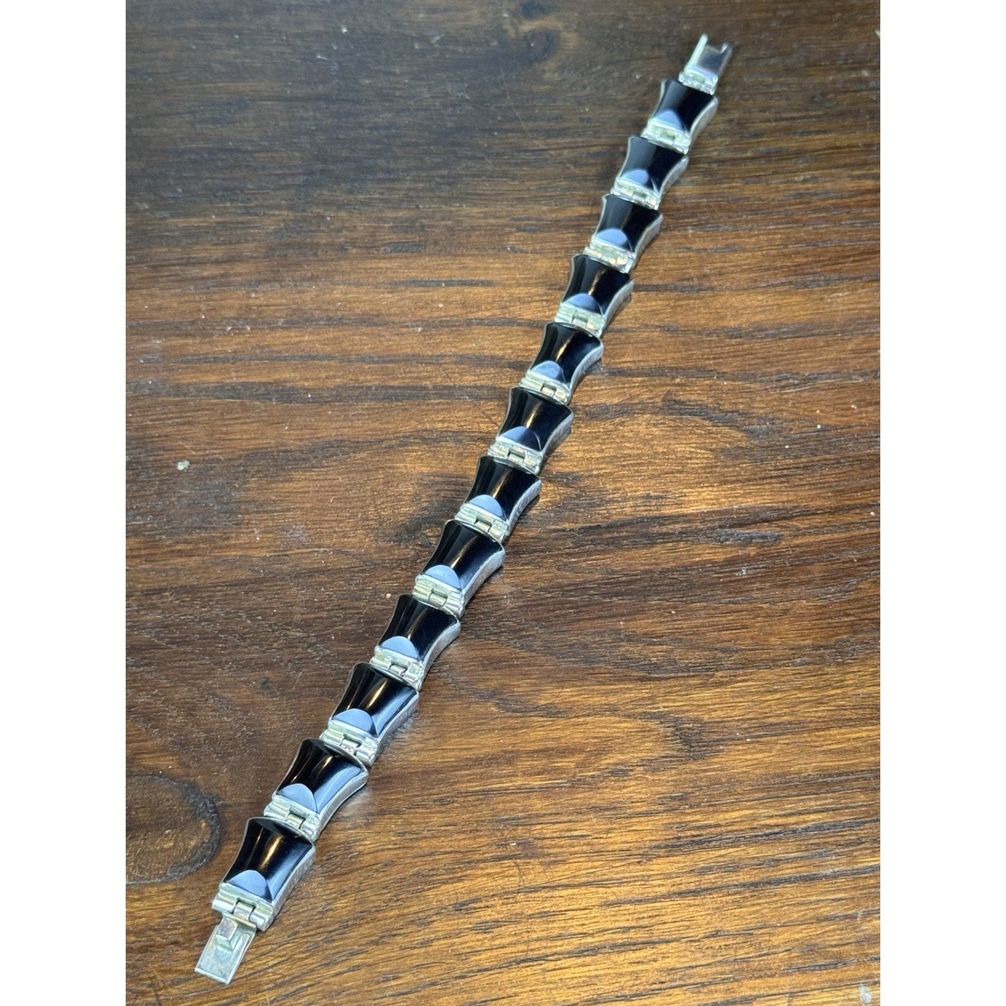 Vintage Mexico 950 Silver Bracelet Black Onyx Articulated Link 7” Modernist