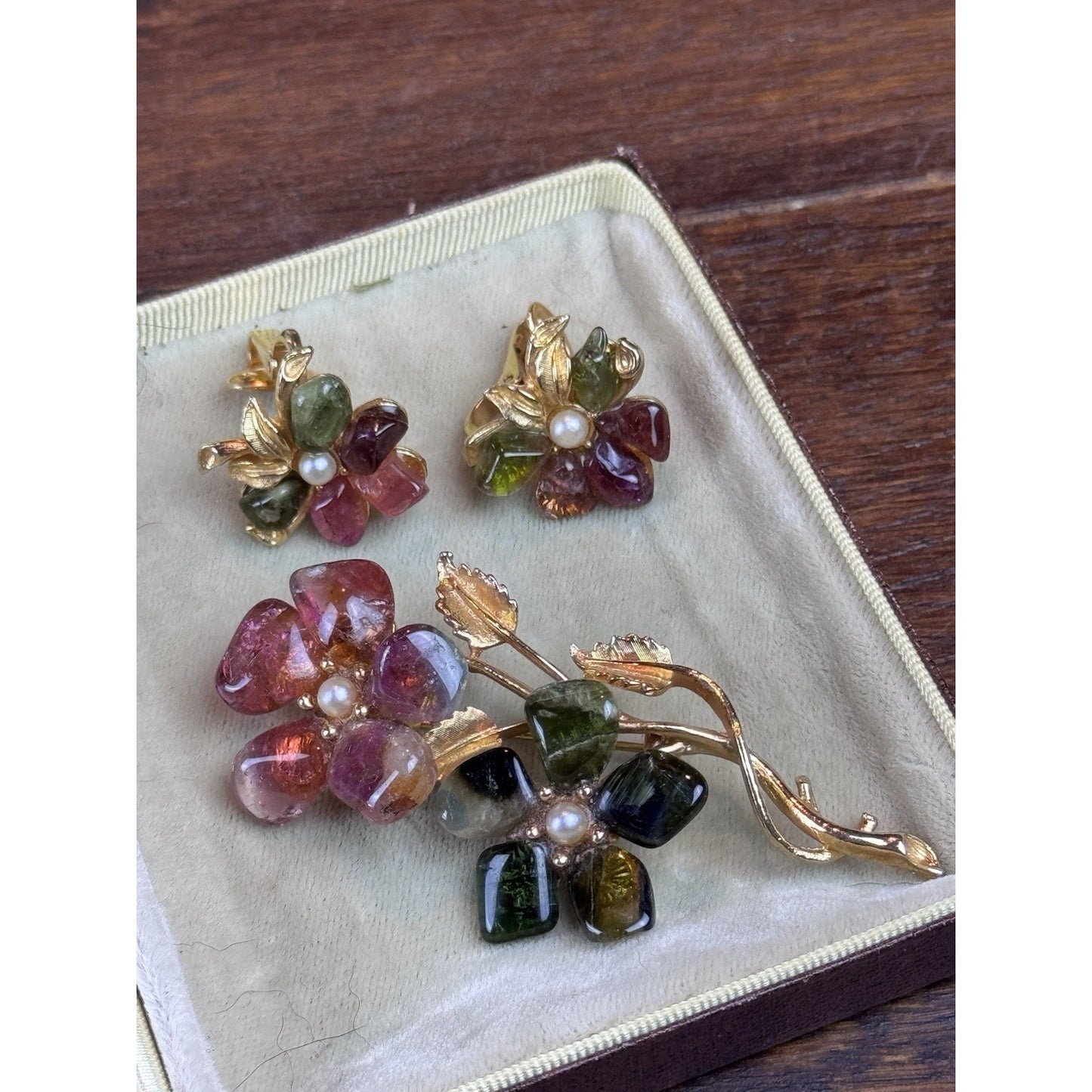 Vintage BARCS Stone Flower Brooch Earrings Set C725 Goldtone Australia