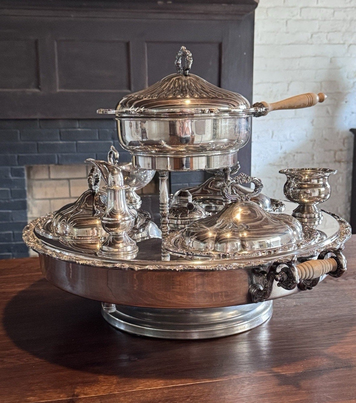Silverplate Bain Marie Lazy Susan Server Chafing Dish 3 Covered Entree Set