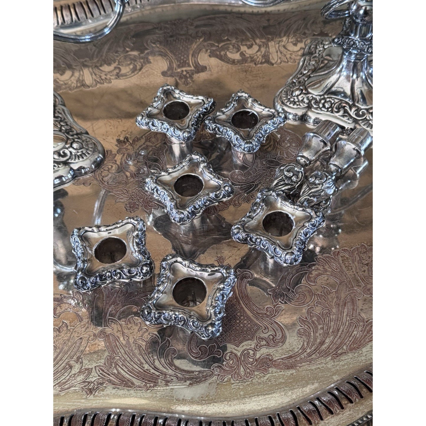 Antique Style Repousse Candelabra Pair Silverplate 3 Light W Snuffers 11”