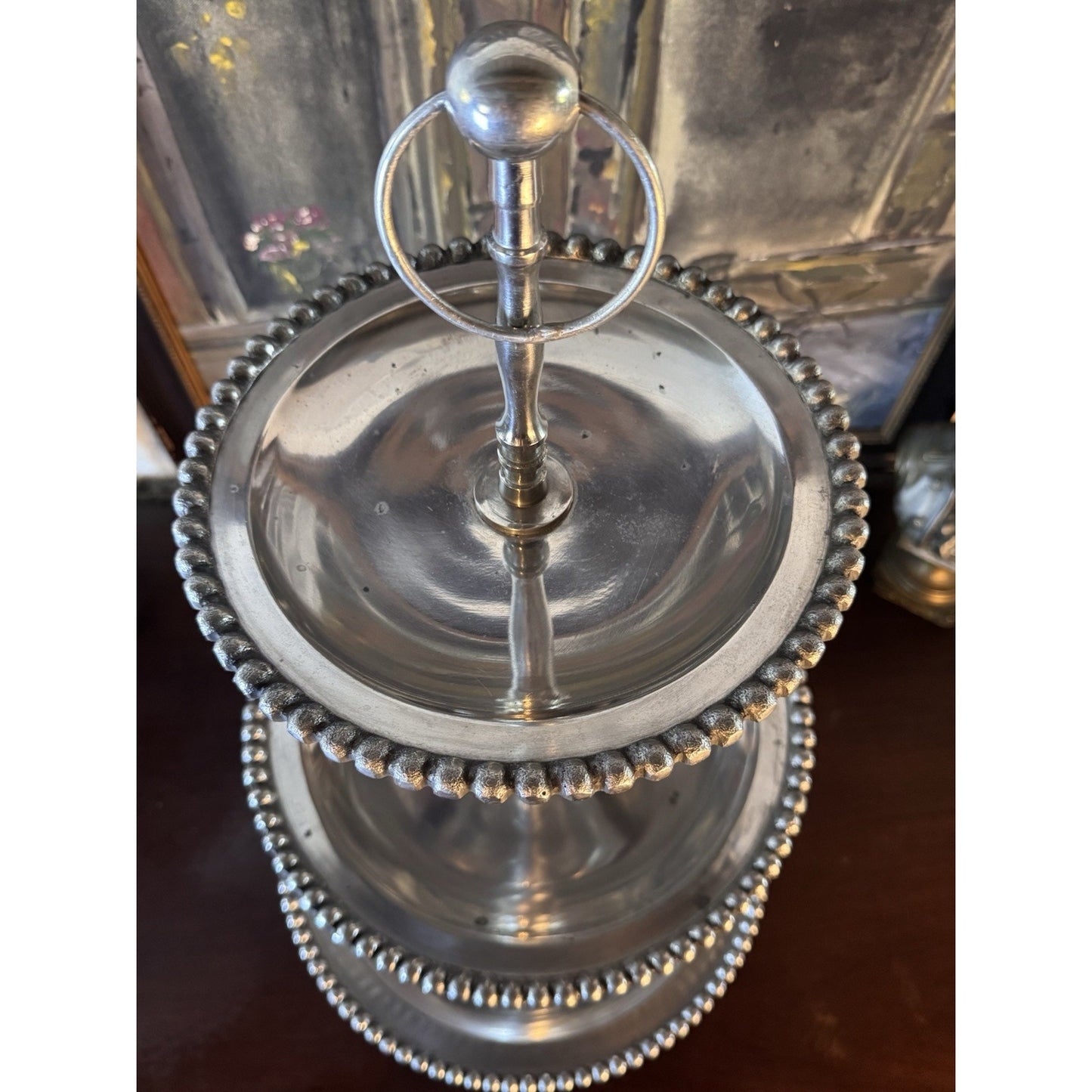 Three Tier Serving Stand Silvertone Beaded Edge Centerpiece Display 26”