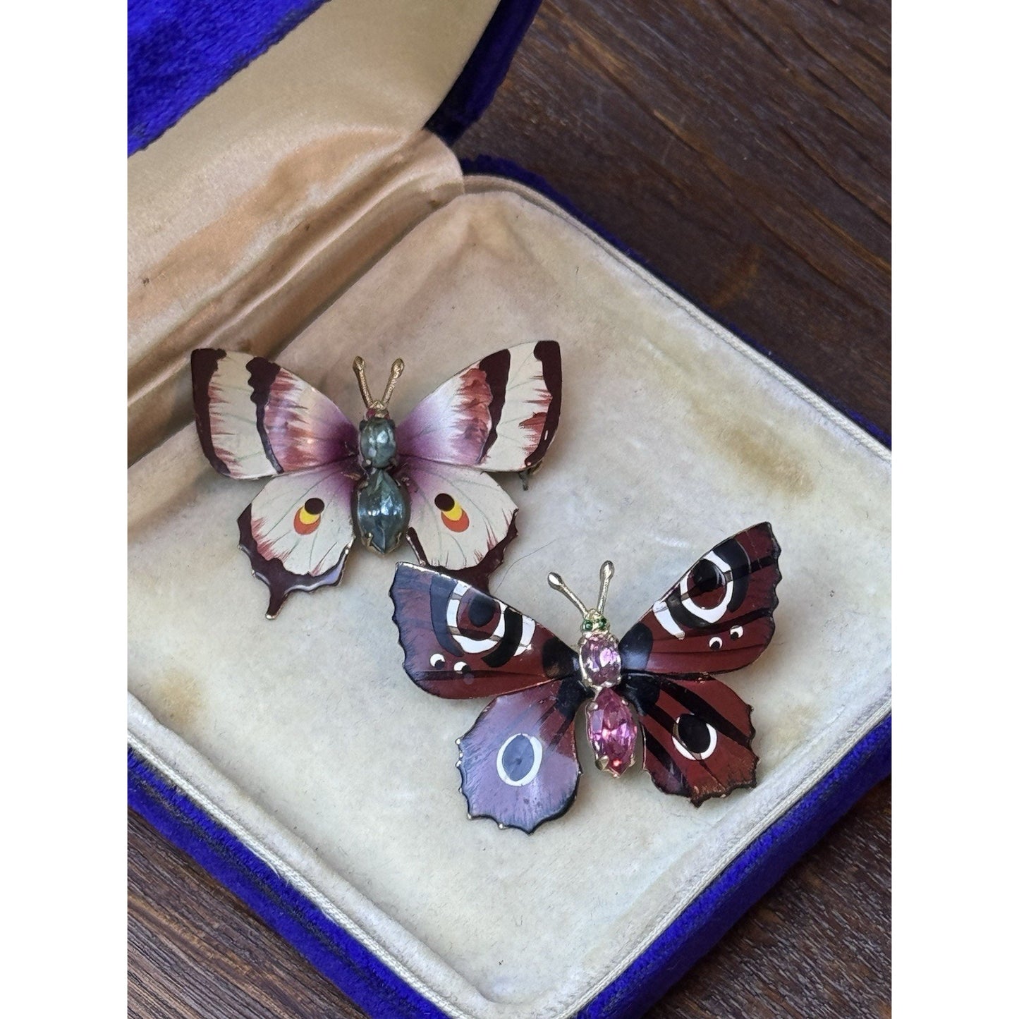 Vintage Butterfly Brooch Pair Hand Painted Enamel Rhinestone Moth Pins 1.75”
