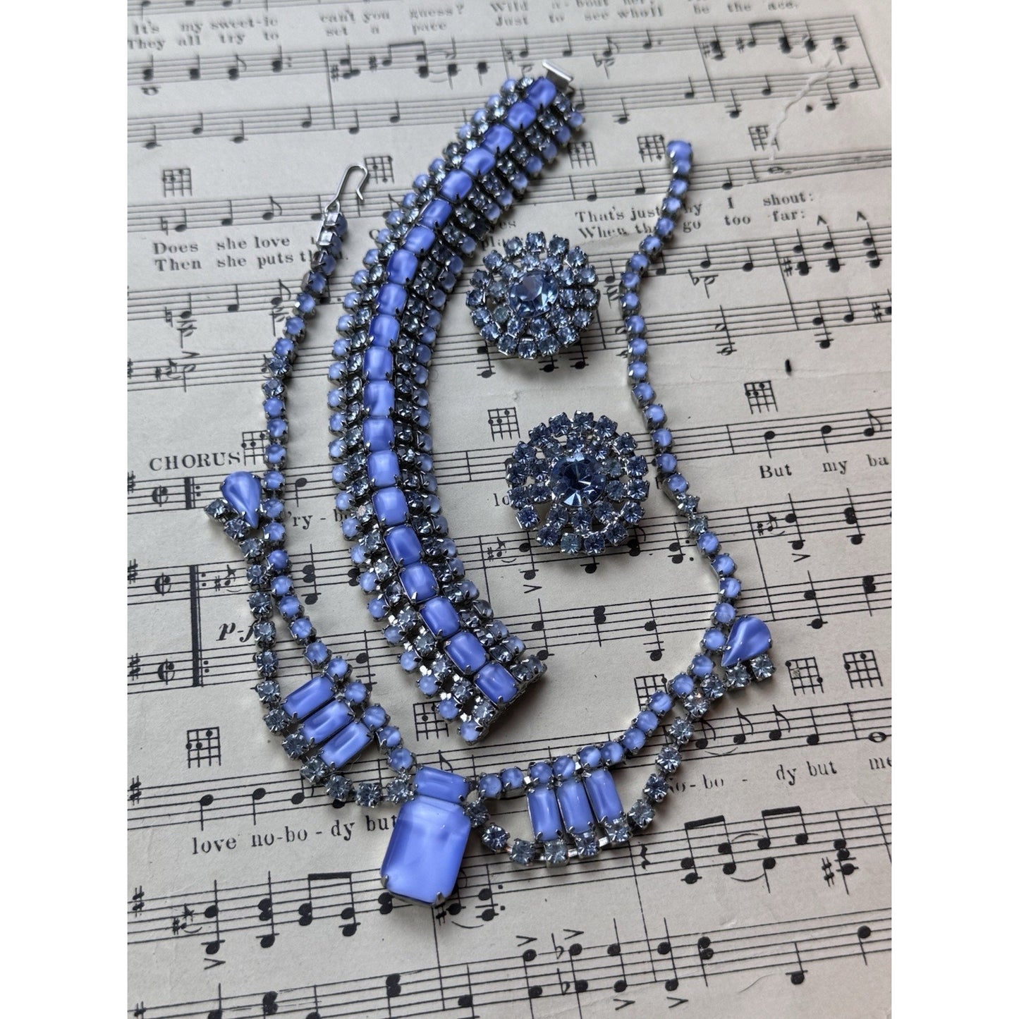 Joseph WARNER Jewelry Set Blue Rhinestone Lucite Necklace Bracelet Earrings