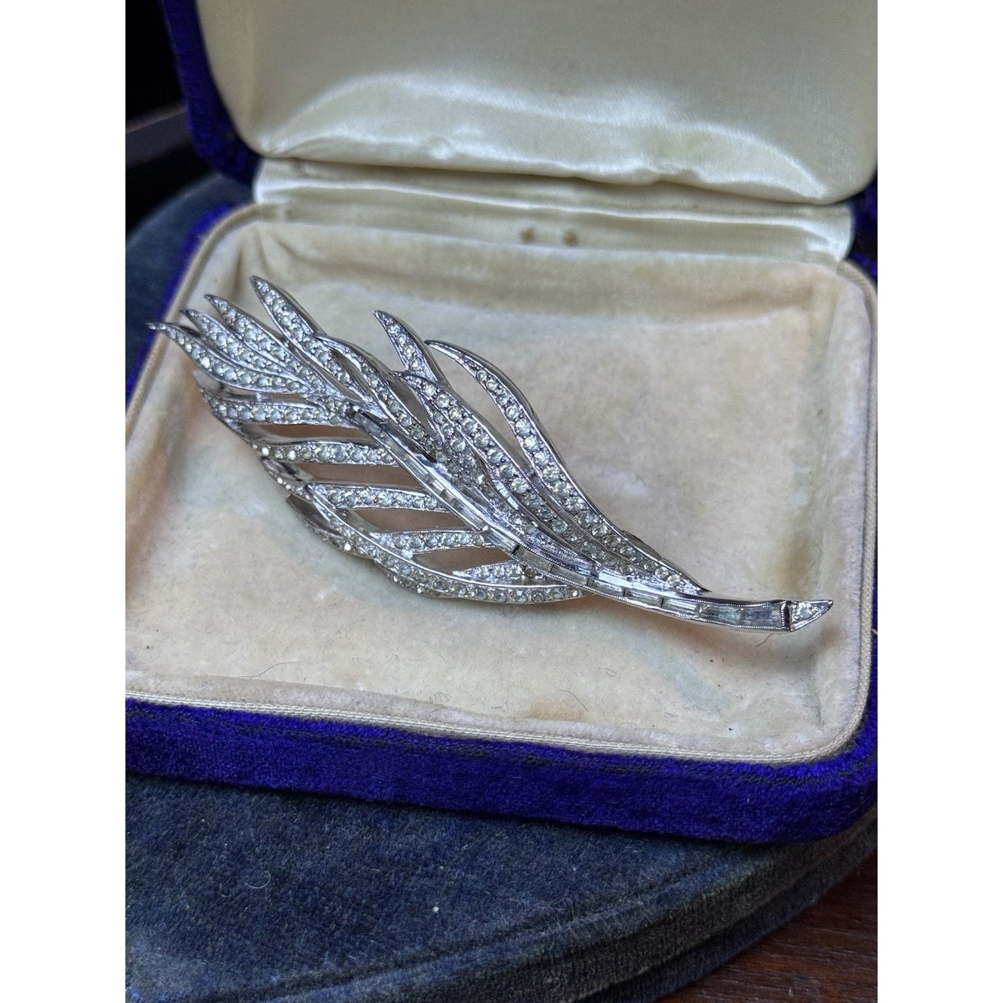 Vintage Panetta Rhinestone Feather Brooch Silver Tone Signed Designer Pin 3.5”