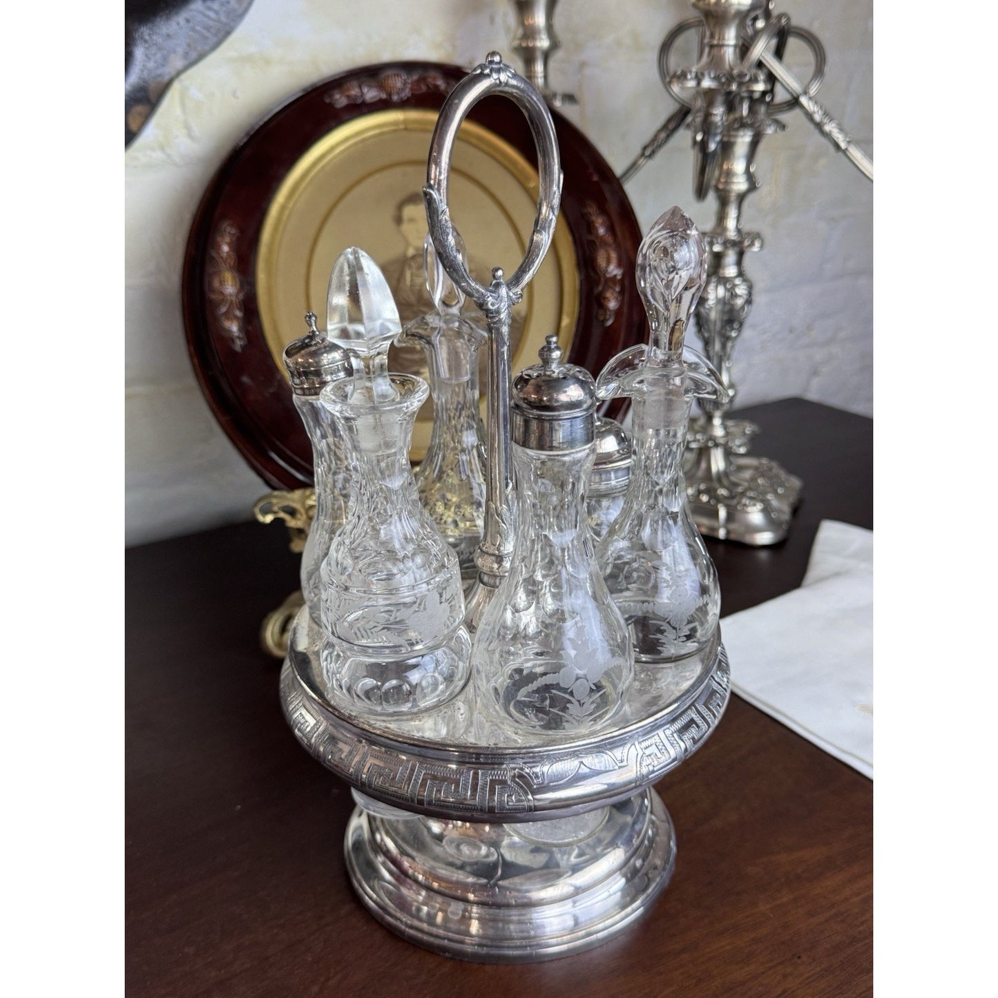 Antique Rogers Smith Silverplate Cruet Set Etched Glass 6 Bottles 13.5” Tall
