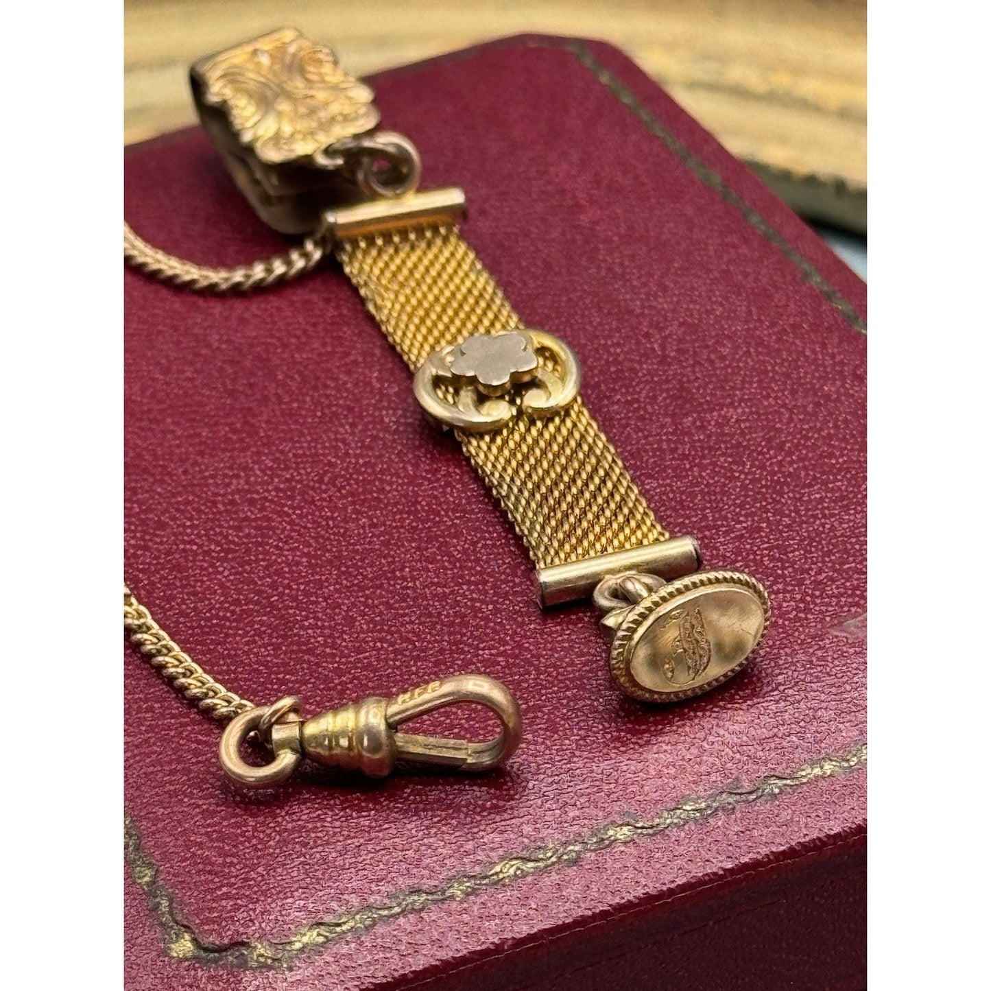 Gold-Filled Watch Fob Strap Monogram Mesh Chain Dog Clip 5.5” HFB Vintage