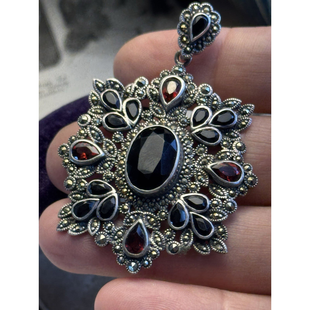 Sterling Silver Pendant Garnet Black Stones Marcasite Victorian Revival 2.25”