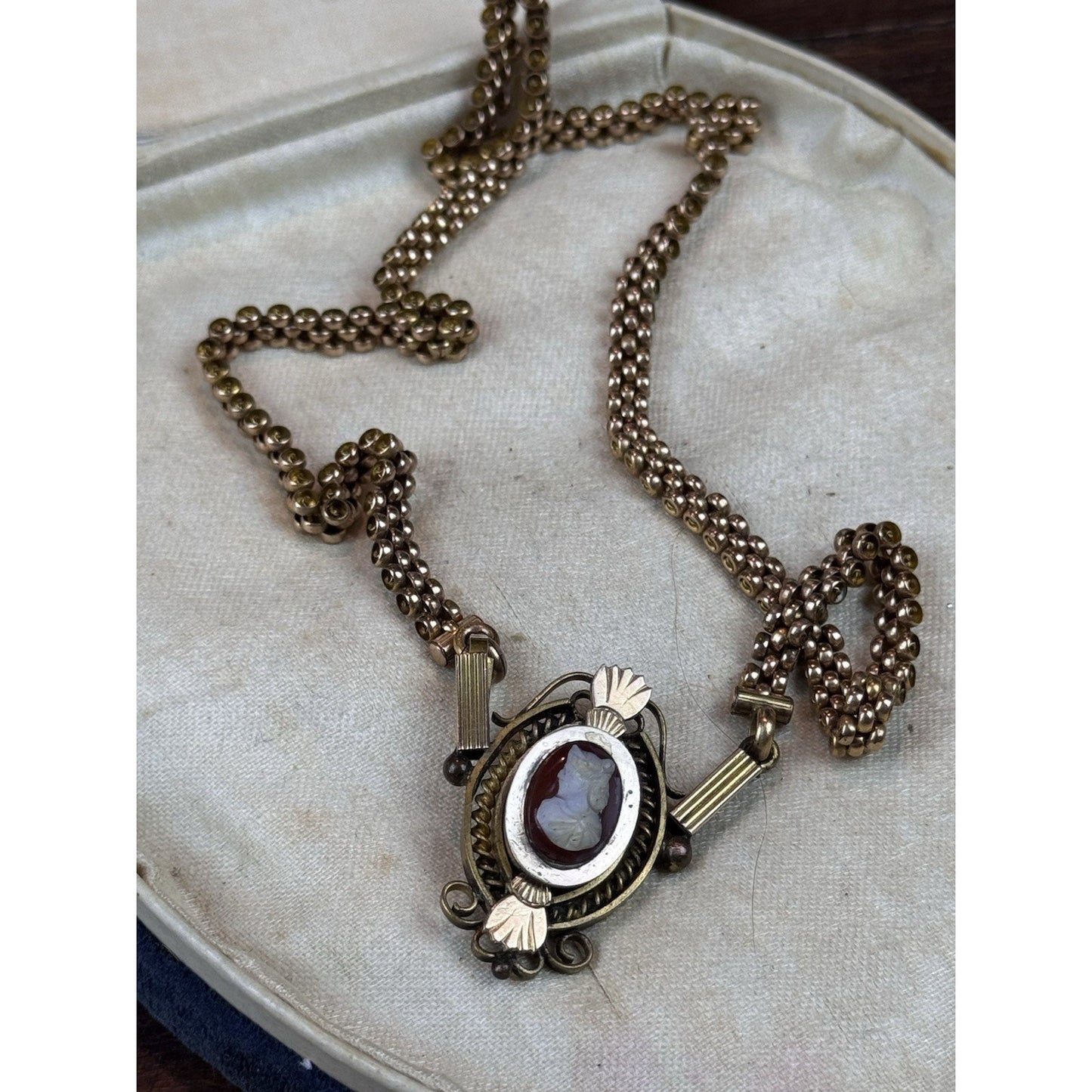 Antique Gold Filled Cameo Necklace Victorian Edwardian Ornate Filigree 18.5”
