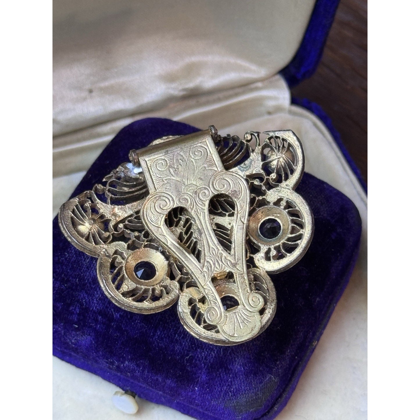 Antique Dress Clip Czech Style Purple Paste Goldtone Filigree Leaf Jewelry 1.75”