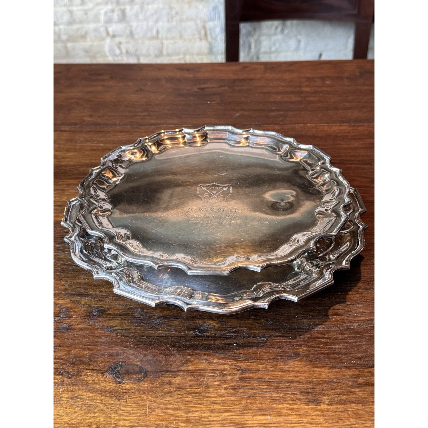 Vintage Silverplate Sport Presentation Salvers Pair 10” & 11.25” Footed 1950s