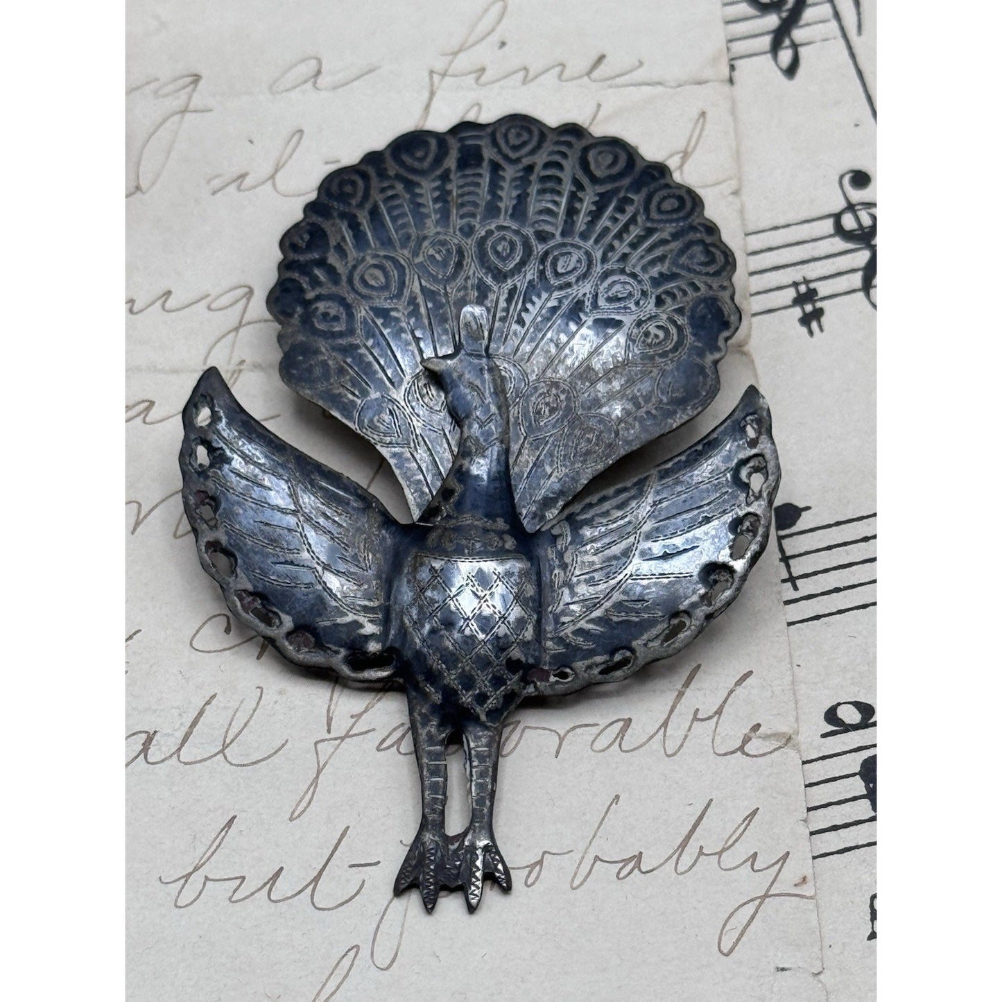 Vintage Siam Sterling Silver Peacock Brooch Articulated Niello Thailand