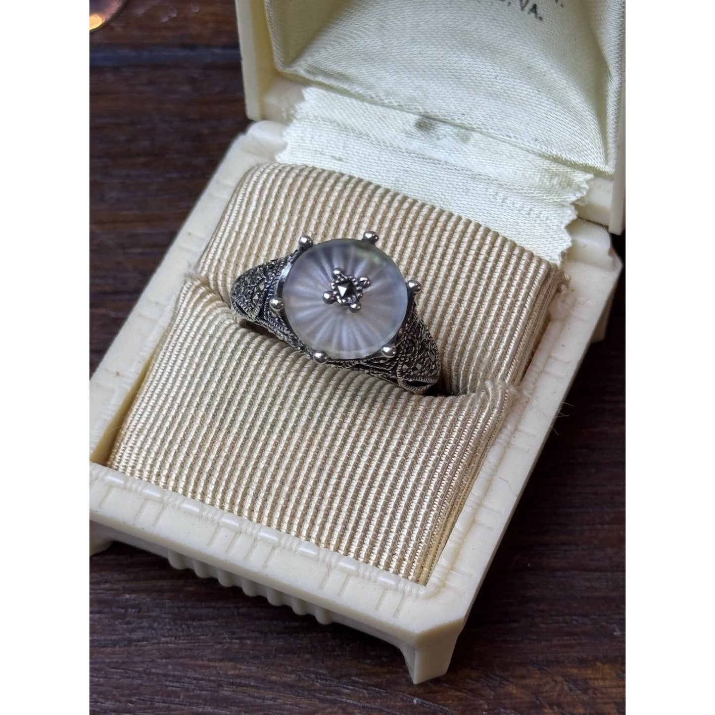 Sterling Silver Camphor Glass Marcasite Ring Size 6.75 Art Deco Style