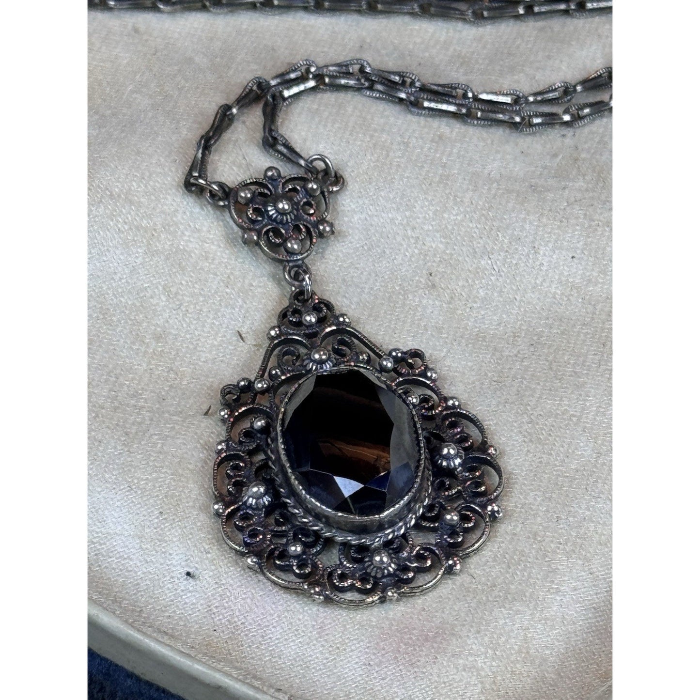 VTG Danecraft Sterling Silver Hematite Ornate Filigree Necklace w/ Original Tag