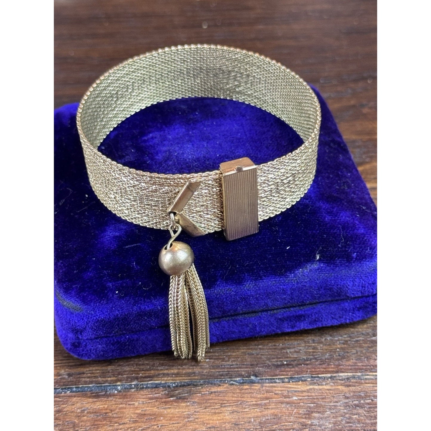 Goldtone Greek Key Bracelet Mesh Belt Tassel Adjustable 7”+ VINTAGE