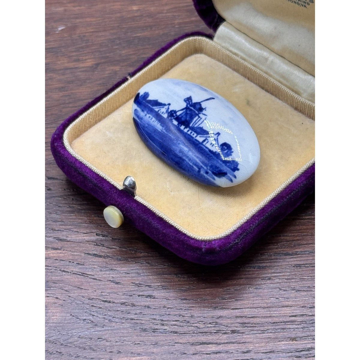 Vintage Brooch Delft Style Porcelain Windmill Landscape Holland 1.5” x .75”
