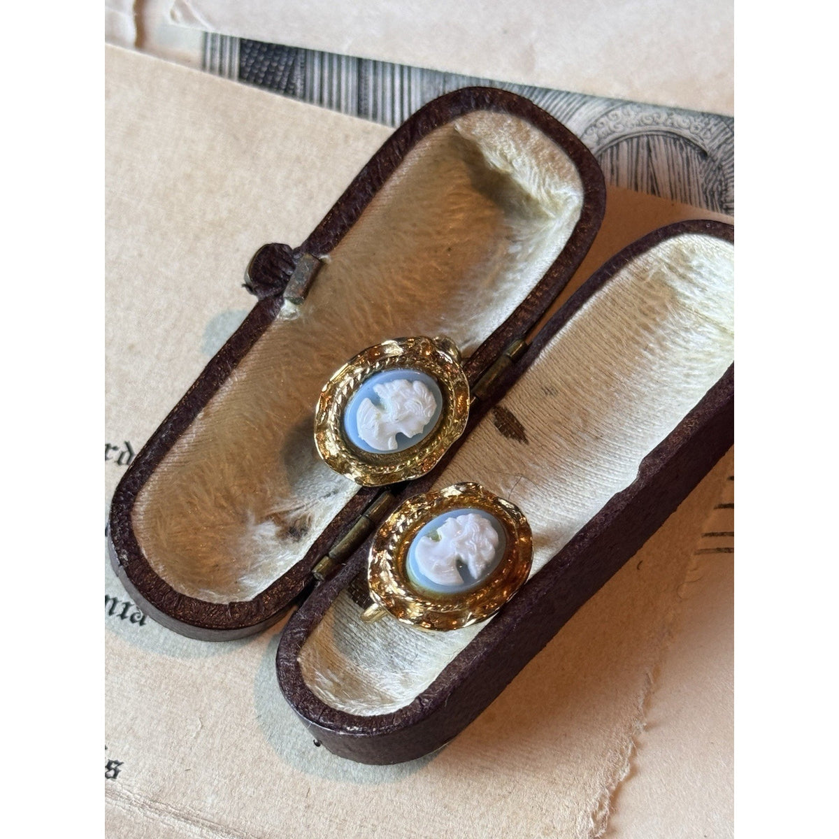 Vintage Faux Cameo Clip On Earrings Blue White Portrait Goldtone Oval 5/8” x .5”