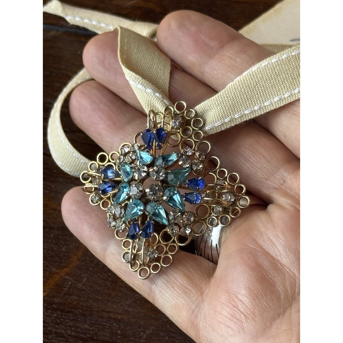 Deri Brooch Pendant Blue Rhinestone Gold Filled SIGNED 2” Vintage