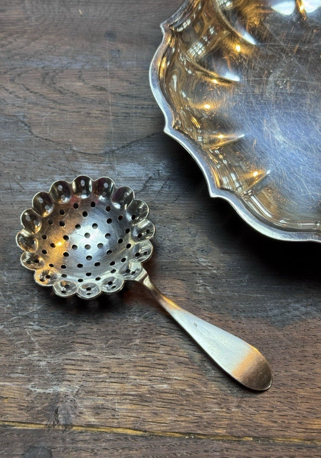 Vintage Silverplate Mint Julep Strainer Spoon & Small Nut Dish