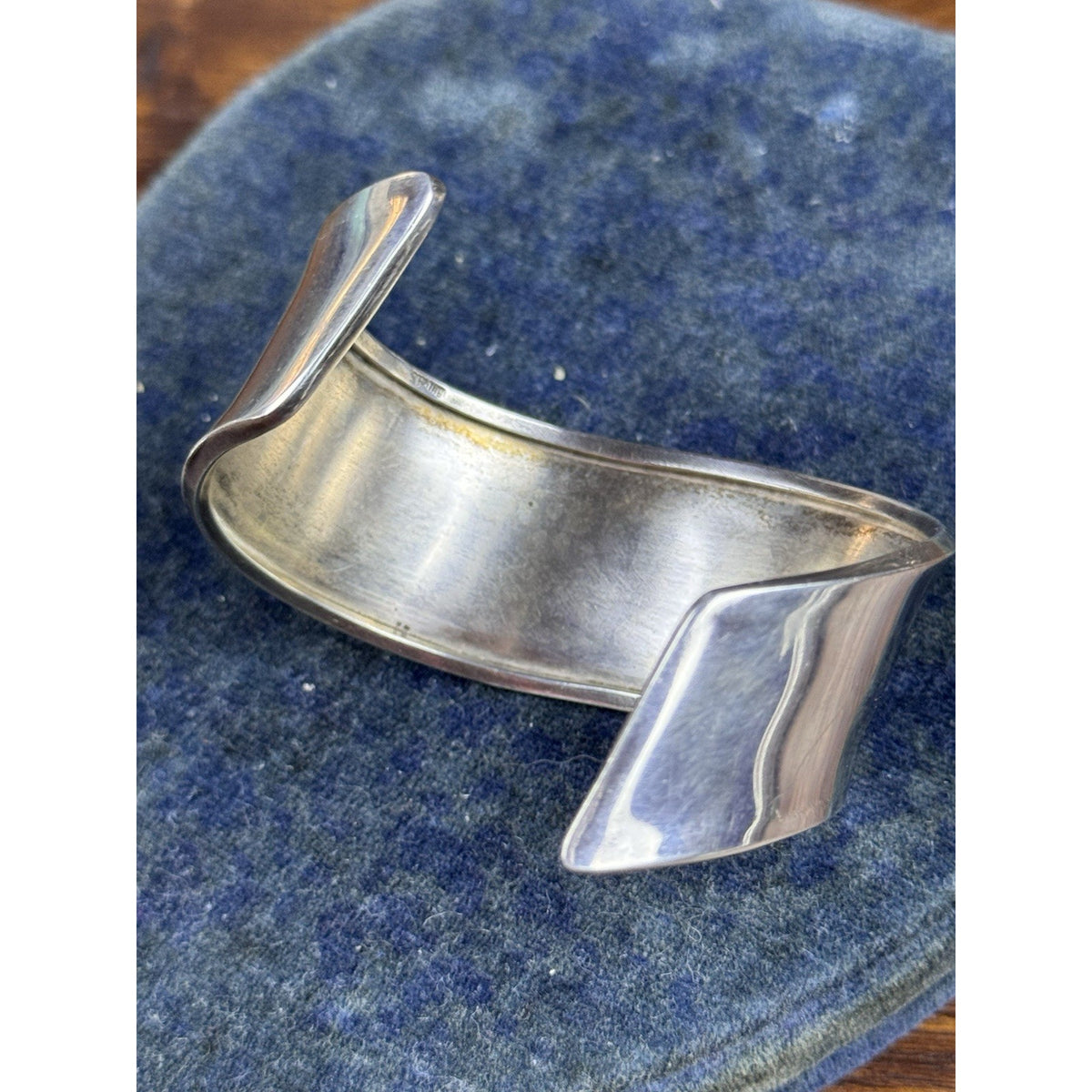 Sterling Silver Cuff Bracelet Blue Stone Wide Modernist Style 6.75” Wrist Size