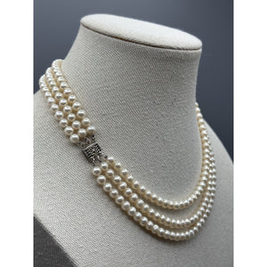 Vintage Cultured Pearl Necklace 3 Strand 16” White Pearls Silvertone Clasp