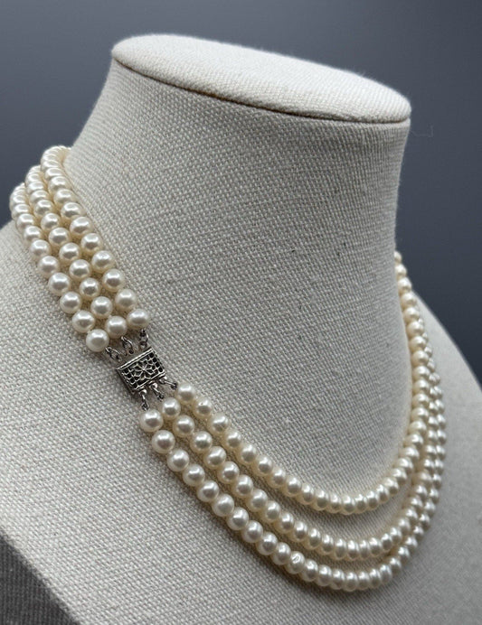 Vintage Cultured Pearl Necklace 3 Strand 16” White Pearls Silvertone Clasp